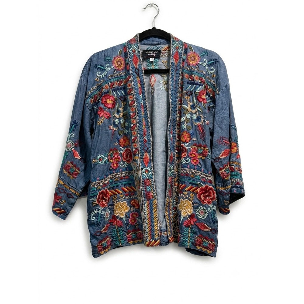 Johnny Was Workshop Floral Embroidered Kimono Jacket Duster Blue Lyocell Size S